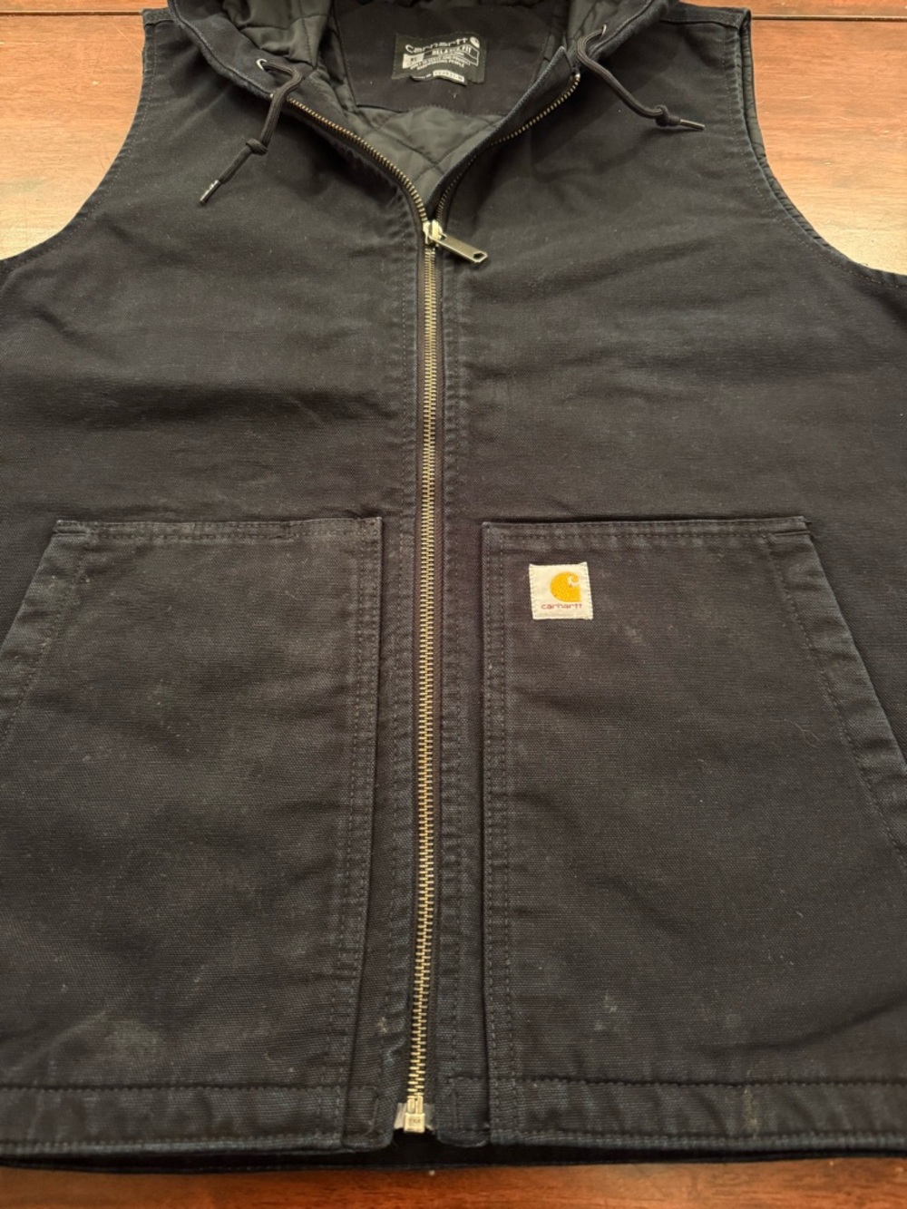 Carhartt Black Quilted Hooded Vest with Label